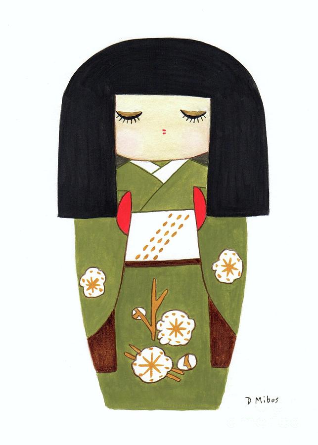 Japanese Kokeshi Doll in Green Painting by Donna Mibus