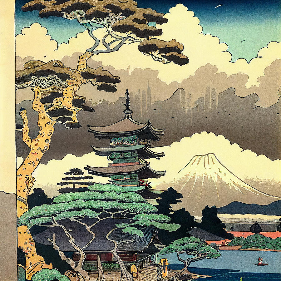 Fantasy Digital Art - Japanese  Landcape    intricate  zen  art  Ukiyo  e  ja  by Asar Studios by Celestial Images