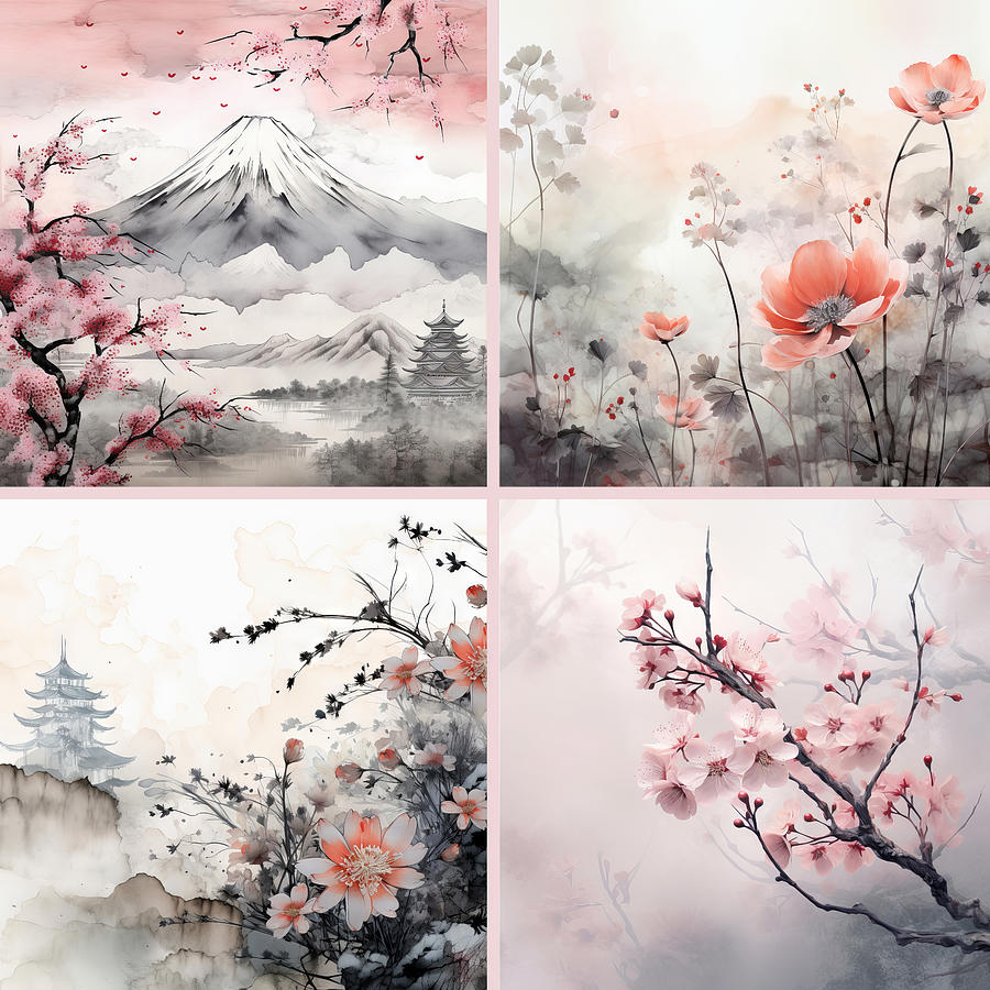 Japanese landscape watercolor Digital Art by Karen Foley