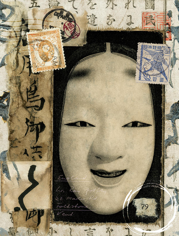 Japanese Noh Mask Postcard Mixed Media by Carol Leigh
