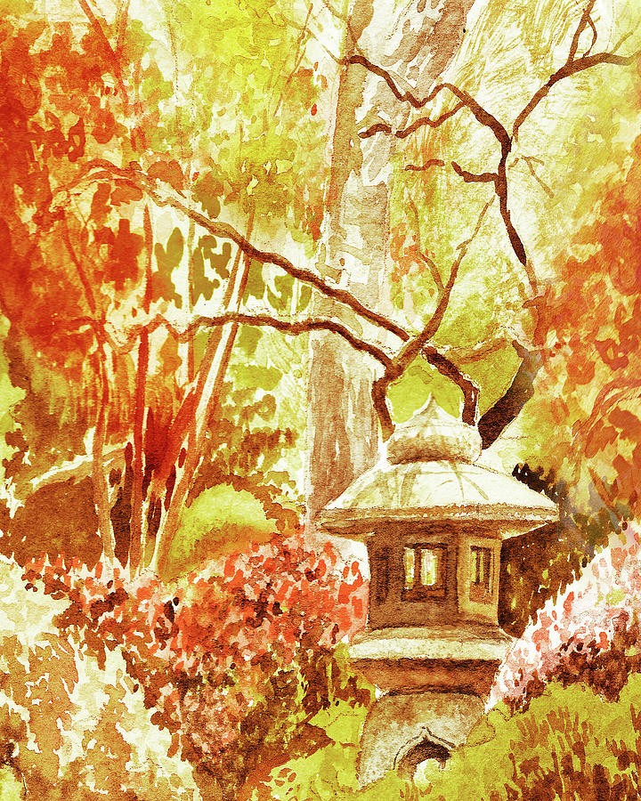 Japanese Pagoda In Autumn Garden Fall Landscape Watercolor Painting by Irina Sztukowski