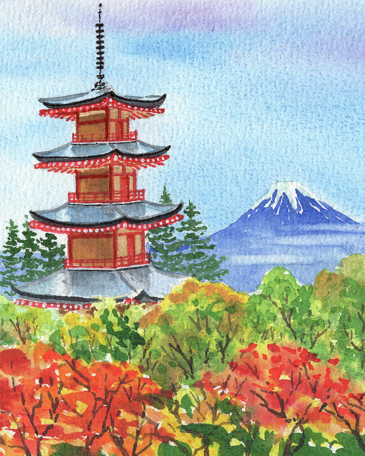 Japanese Pagoda Watercolor Painting  Painting by Irina Sztukowski
