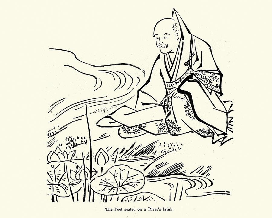 Japanese poet meditating by a river , 19th Century Drawing by Duncan1890