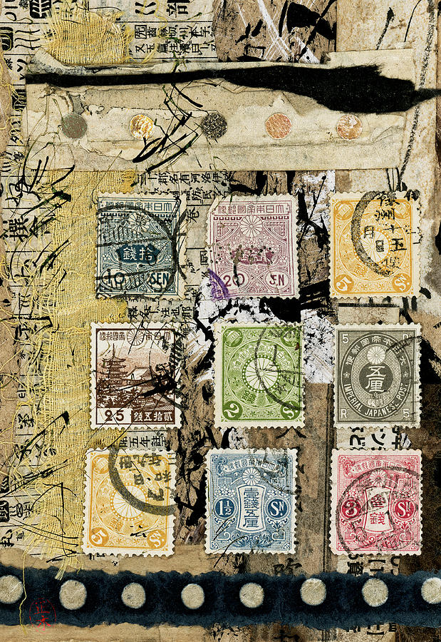 Japanese Postage Stamps Mixed Media by Carol Leigh
