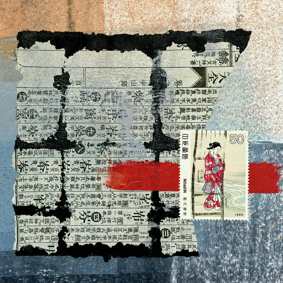 Japanese Postal Collage Walk in Spring Mixed Media by Carol Leigh
