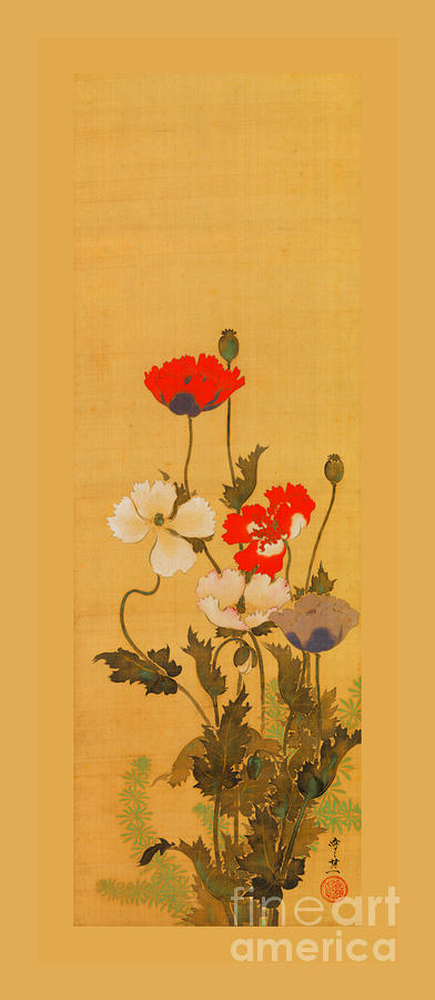 Japanese Red and White Poppies on Silk Scroll Edo Period Painting by Peter Ogden