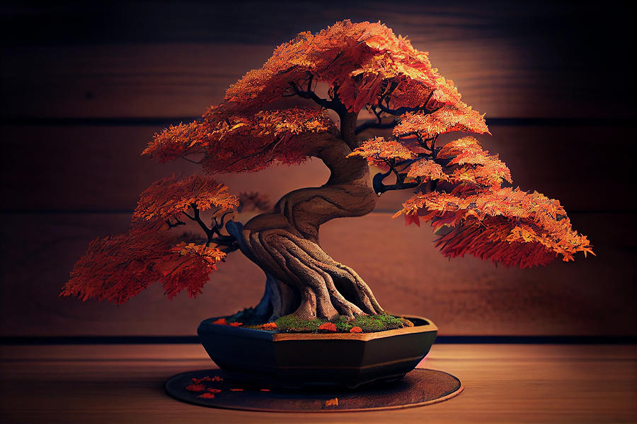 Japanese red bonsai tree art display on the black wooden table with ...