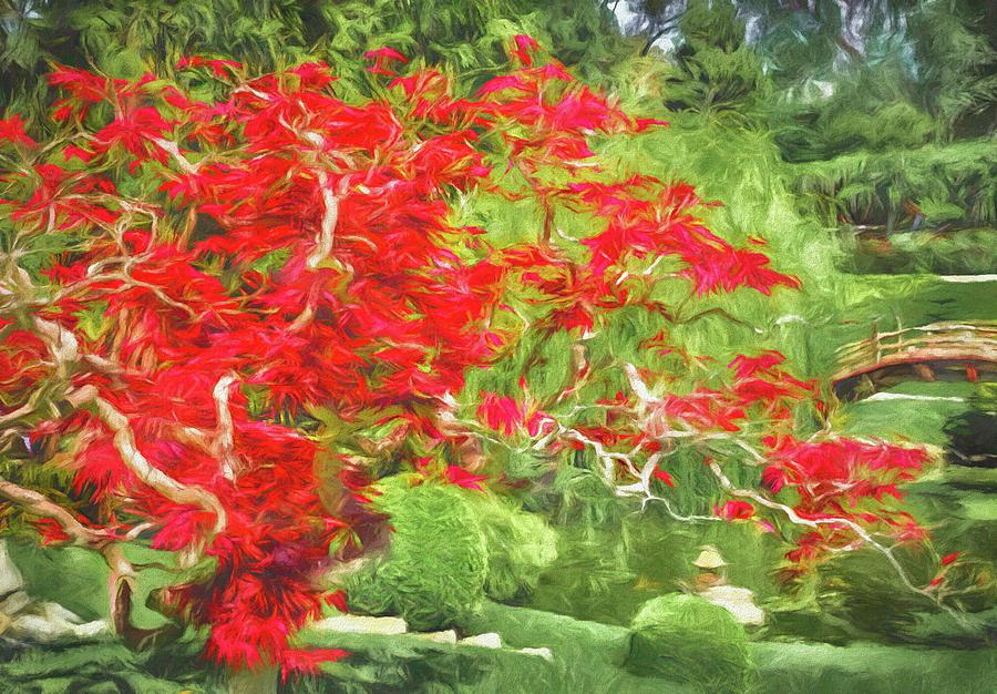 Japanese Red Leaf Maple Palette Knife Painting Digital Art by Rebecca Herranen