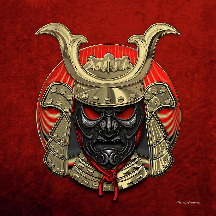 Japanese Samurai Domaru Armor Headgear - Gold Samurai Helmet with Black Face Mask over Red Velvet Digital Art by Serge Averbukh