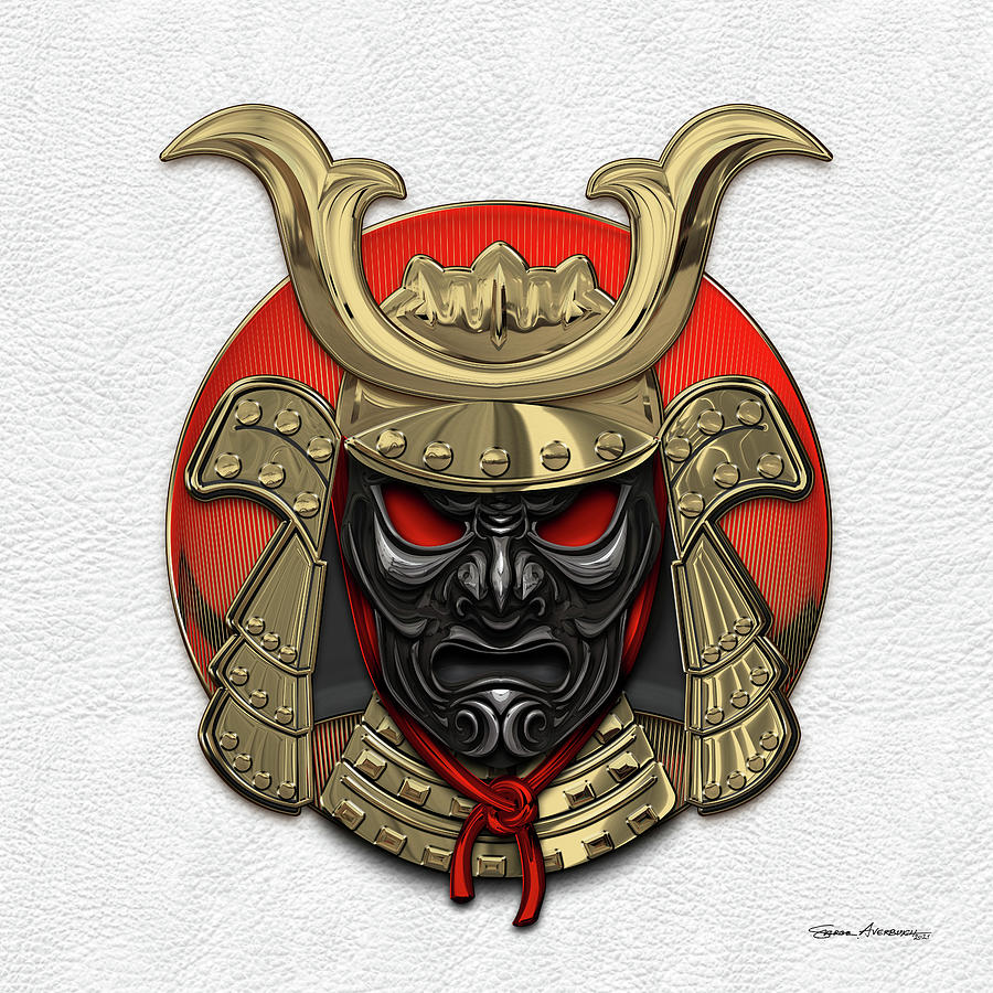 Japanese Samurai Domaru Armor Headgear - Gold Samurai Helmet with Black Face Mask over White Leather Digital Art by Serge Averbukh