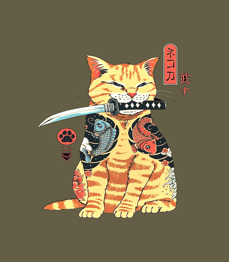 Japanese Samurai Ninja Cat Kawaii Tattoo Graphic Digital Art by Osmanv ...