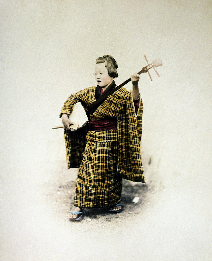 Japanese Street Musician - Felice Beato - Circa 1877 Photochrom Photograph by War Is Hell Store