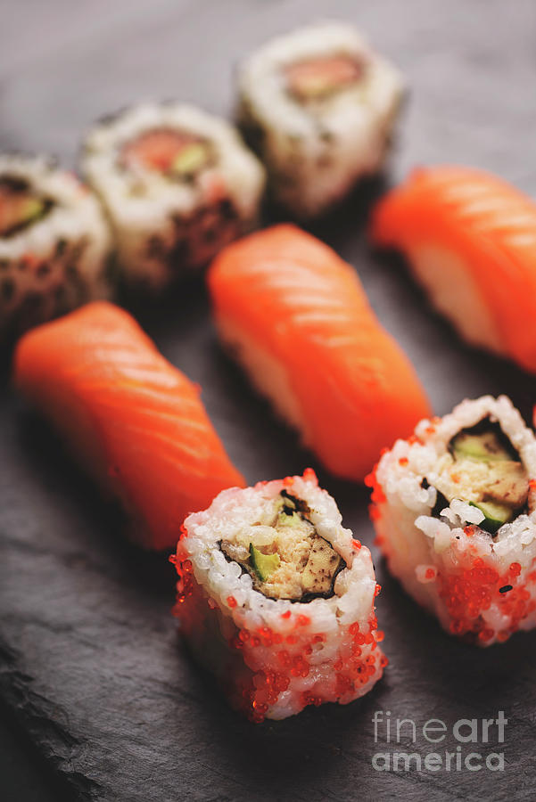 Japanese Sushi On Black Stone Plate Closeup Photograph