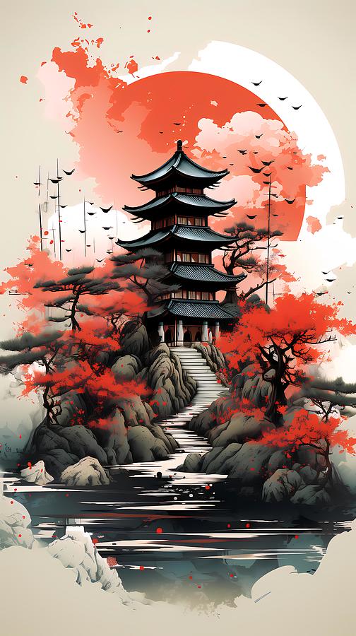 Japanese Temple With A Traditional View Illustration Digital Art by Owl ...