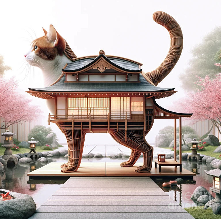 Japanese Traditional Architecture Cat Digital Art by Holly Picano