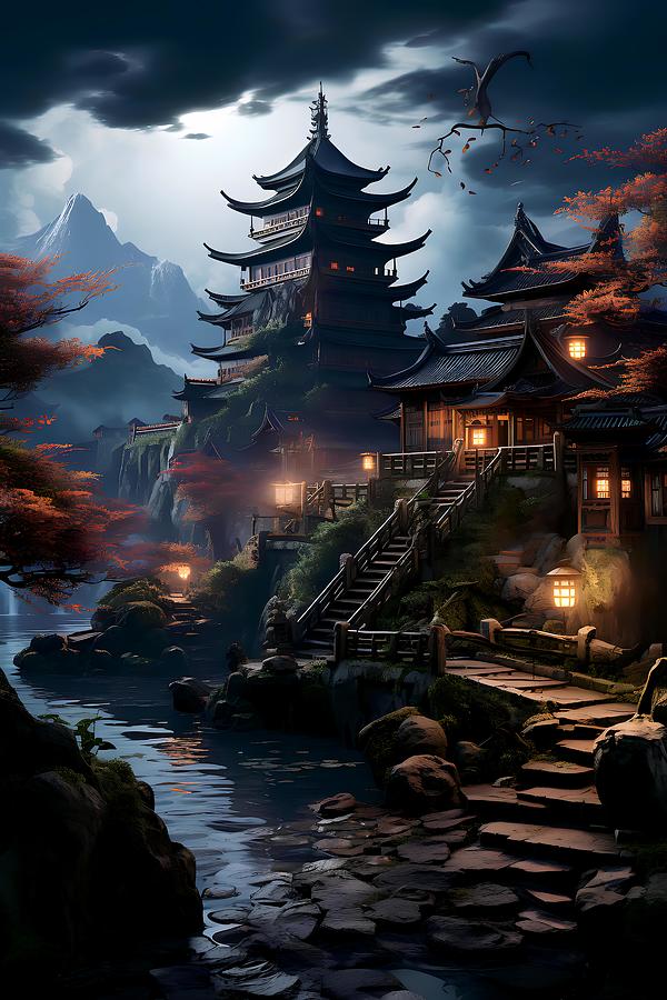 Japanese Village With old temple Digital Art by Owl Gallery - Fine Art ...