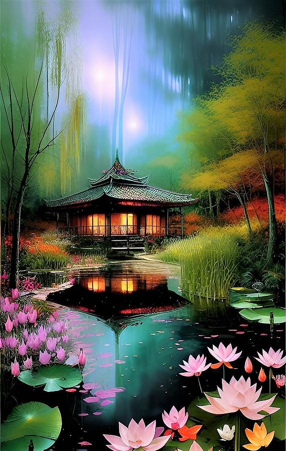 Japanese Water Garden with Lotus Blossoms Digital Art by Denise F Fulmer