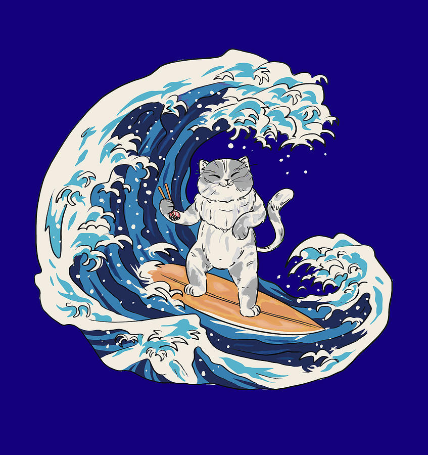 Japanese Wave Surfing Cat Digital Art By Yosido Pixels