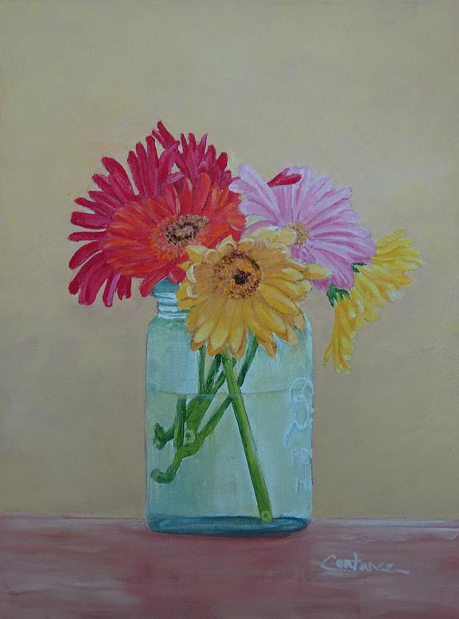 Jar of Painted Daisies Painting by Connie Rowsell
