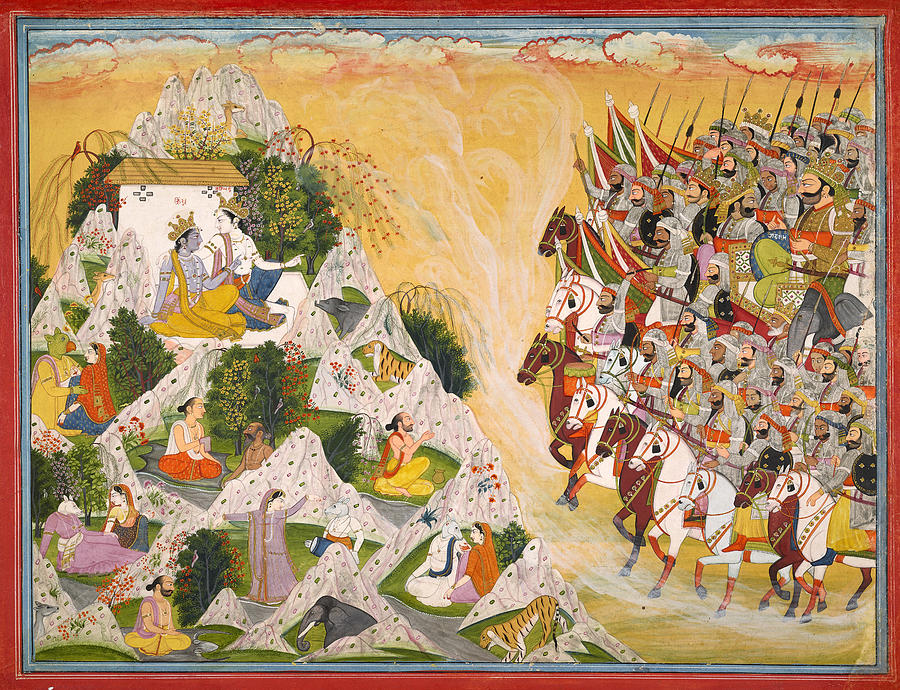 Jarasandhas army advances toward Krishna and Balarama Painting by Attributed to Purkhu