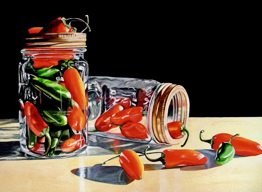 Still Life Painting - Jars with peppers watercolour art by Lillian Bell