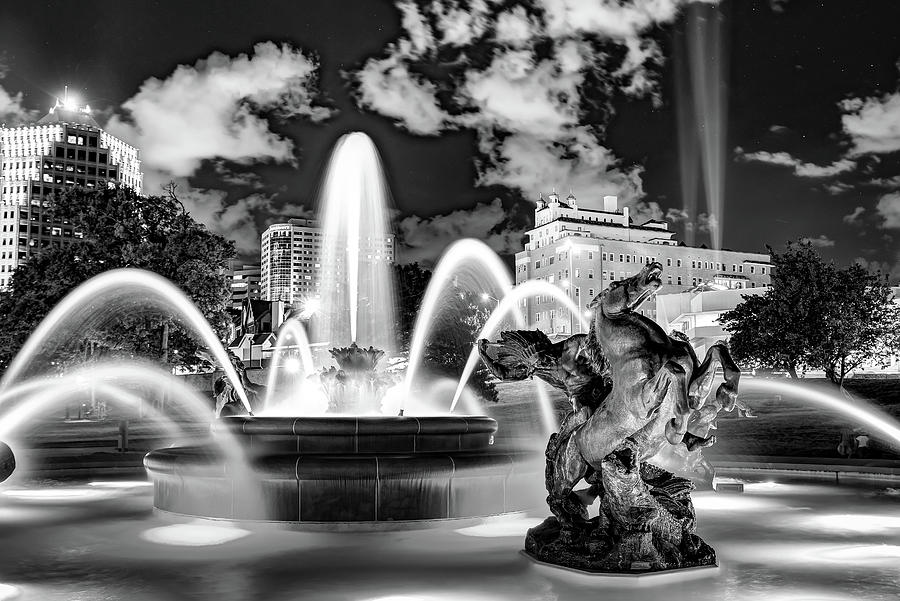 JC Nichols Fountain and KC Plaza Lights - Black and White Photograph by Gregory Ballos