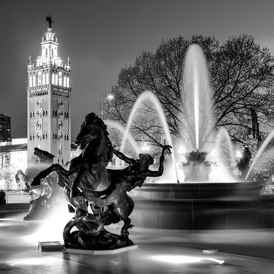 J.C. Nichols Fountain Statues Black and White - The Kansas City Plaza Photograph by Gregory Ballos