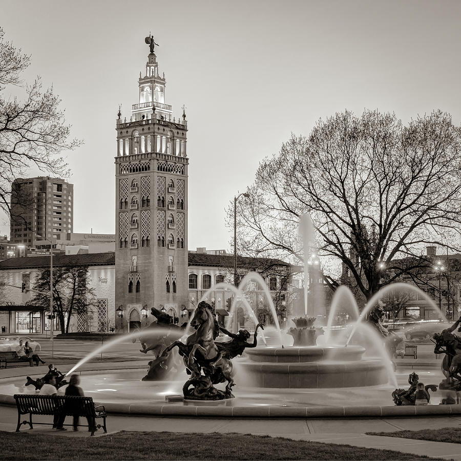 J.C. Nichols Memorial Fountain in the Plaza - Kansas City Sepia Square Format Photograph by Gregory Ballos