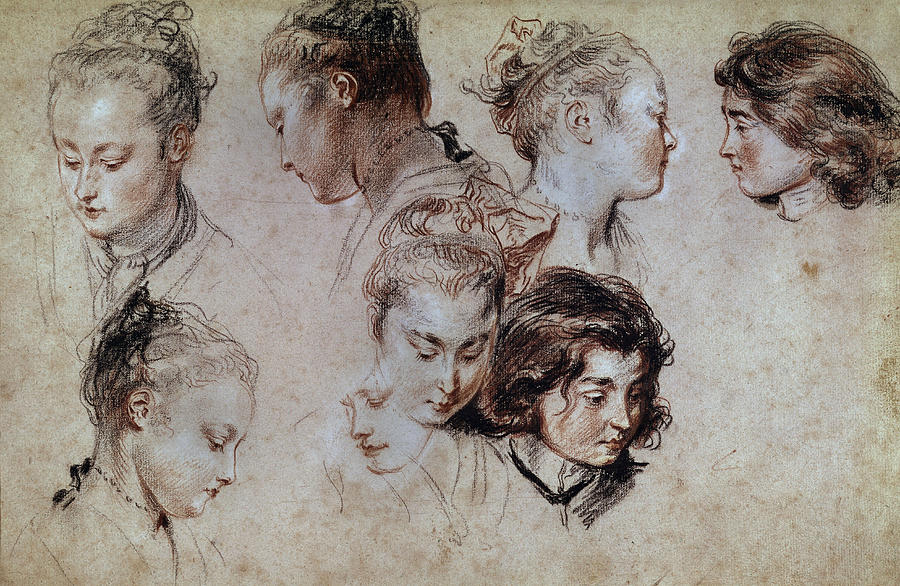 Jean Antoine Watteau/ Portraits Of Woman - Drawing - Xviii Century. Painting by Jean Antoine Watteau