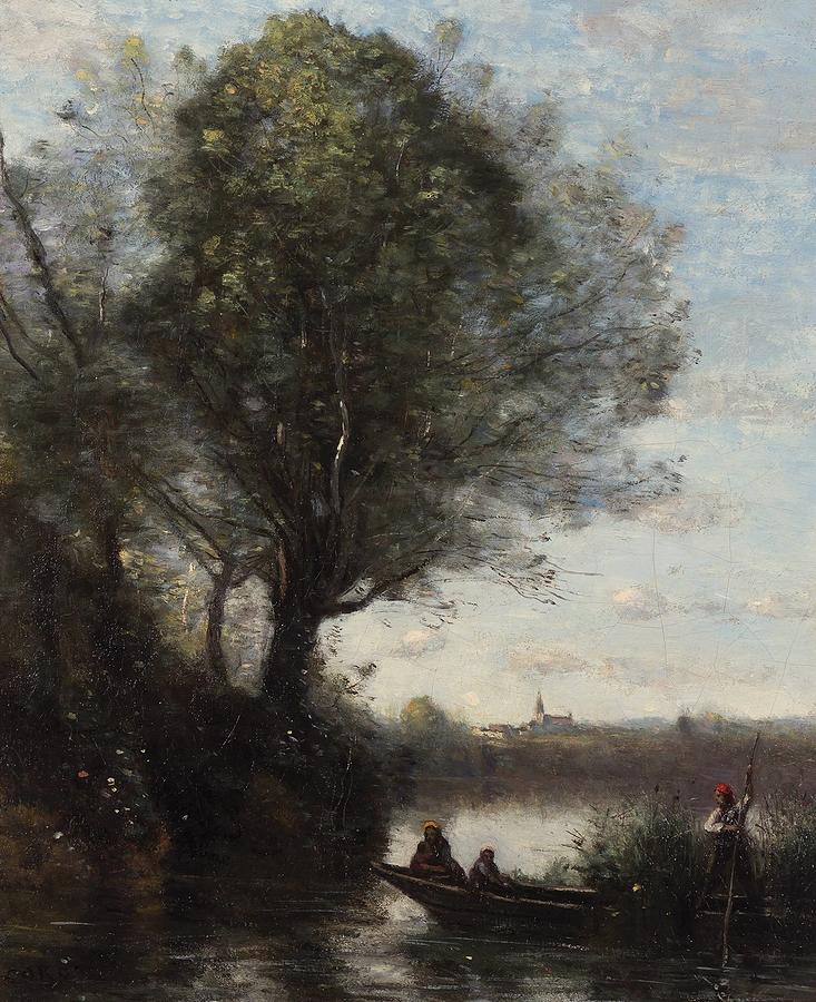 Jean Baptiste Camille Corot French, 1796-1875 Passeur En Barque A La Rive Boisee Avec Une Femme Et S Painting