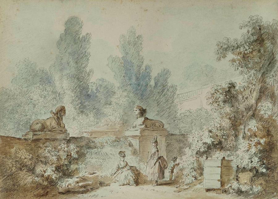 Jean-baptiste Huet Paris 1745-1811 Pecheur Et Sa Compagne Sur Un Pont Dans Un Paysage Arbore  Et Deu Painting