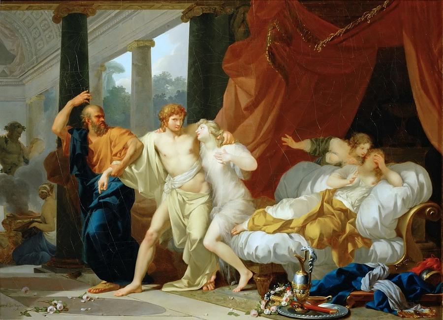 Jean-Baptiste Regnault - Socrates Tears Alcibiades from the Embrace of Sensual Pleasure Painting by Les Classics