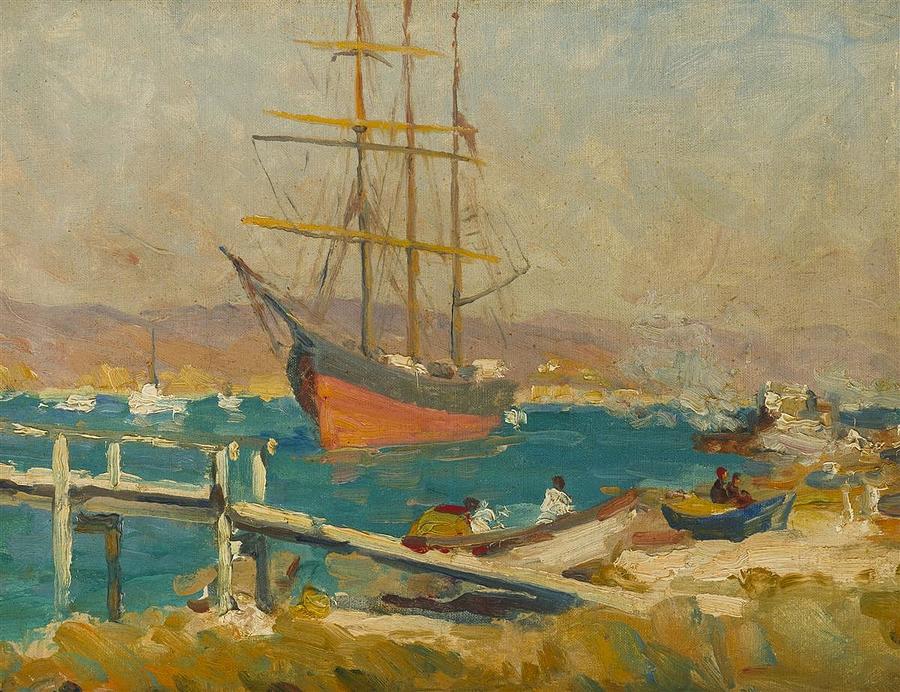 Jean Mannheim Sail Ship In A Harbor Painting