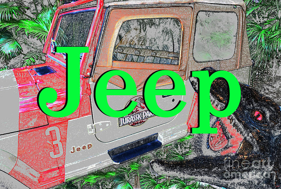 Jeep and Jurassic Park Velociraptor  Mixed Media by David Lee Thompson