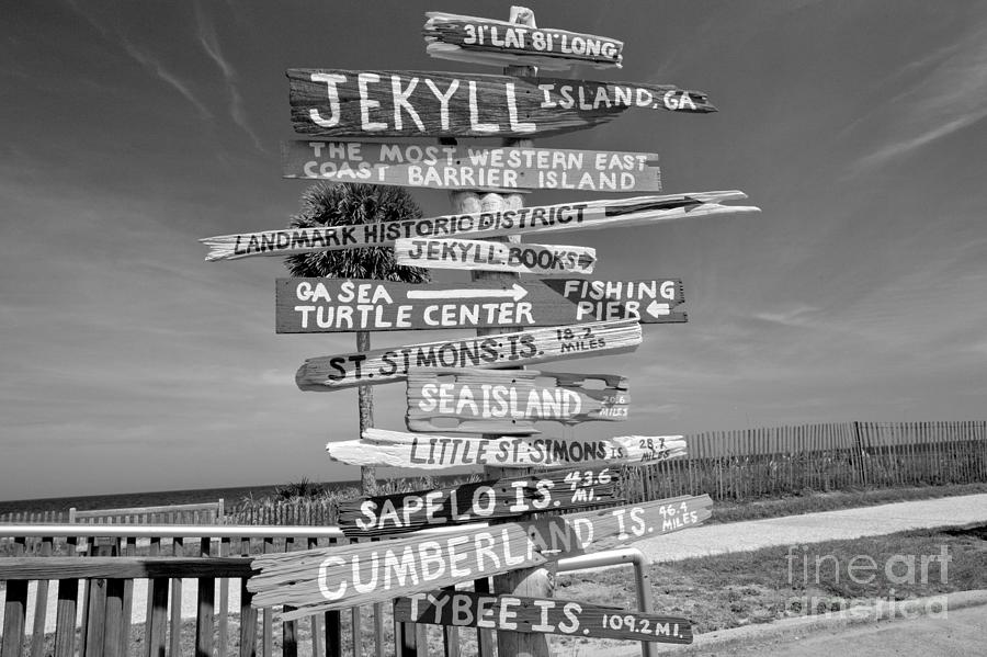 Jekyll Island Beach Signs Black And White Photograph by Adam Jewell