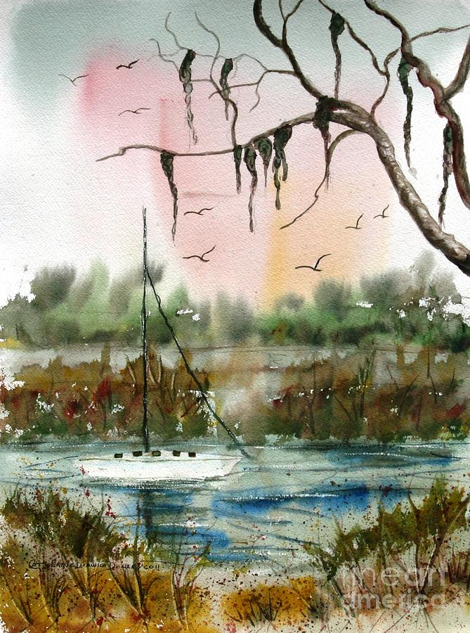 Jekyll Island Spanish Moss and Sailboat Painting by Catherine Ludwig Donleycott