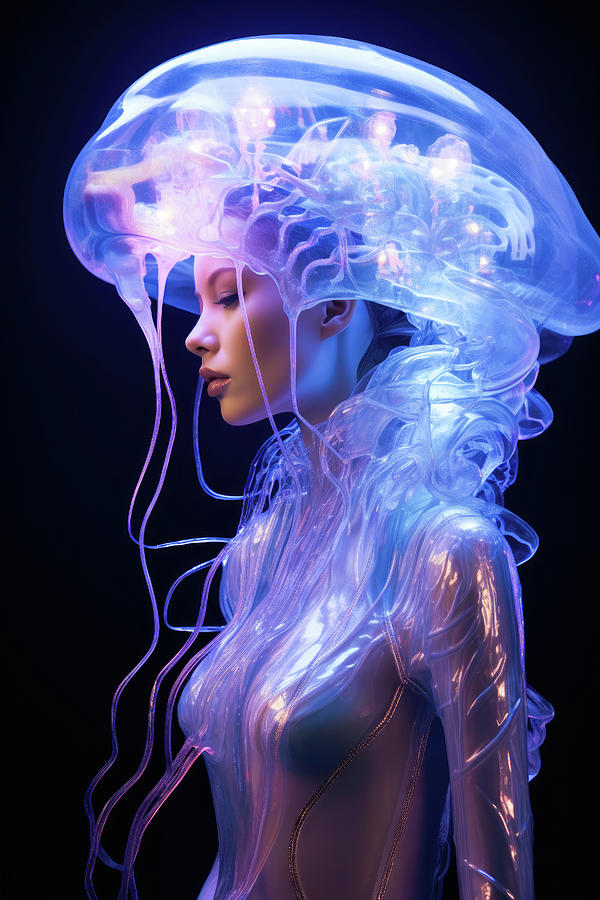 Jellyfish Cyberpunk Woman 01 Blue and Black Digital Art by Matthias Hauser