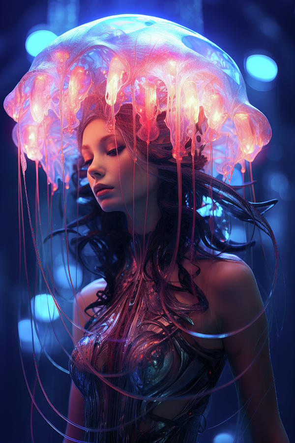 Jellyfish Cyberpunk Woman 02 Blue and Pink Digital Art by Matthias Hauser