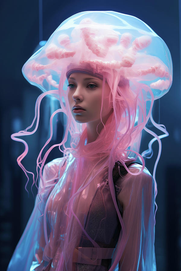 Jellyfish Cyberpunk Woman 04 Pink and Blue Digital Art by Matthias Hauser