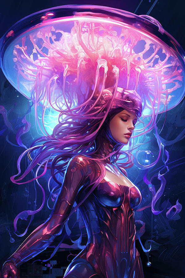 Jellyfish Cyberpunk Woman 06 Fancy Hat Digital Art by Matthias Hauser