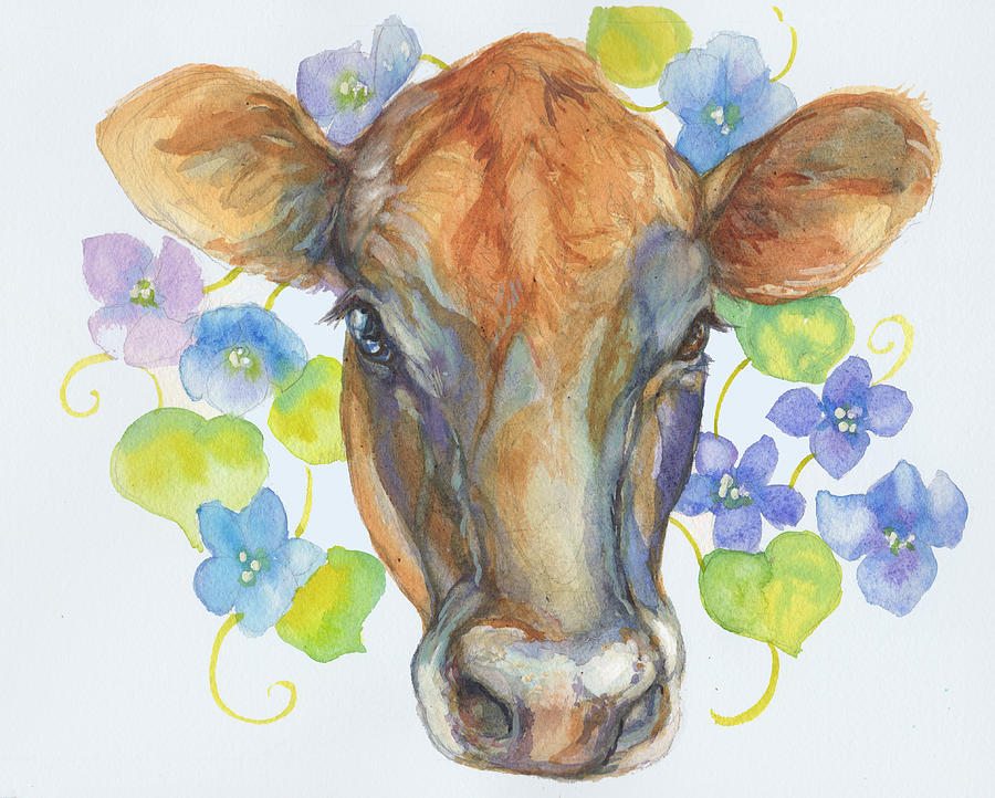 Jersey Cow with Violets Painting by Peggy Wilson