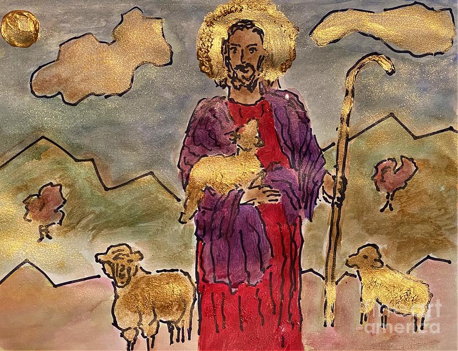 Jesus and His Golden Lamb and Sheep Painting by Richard W Linford