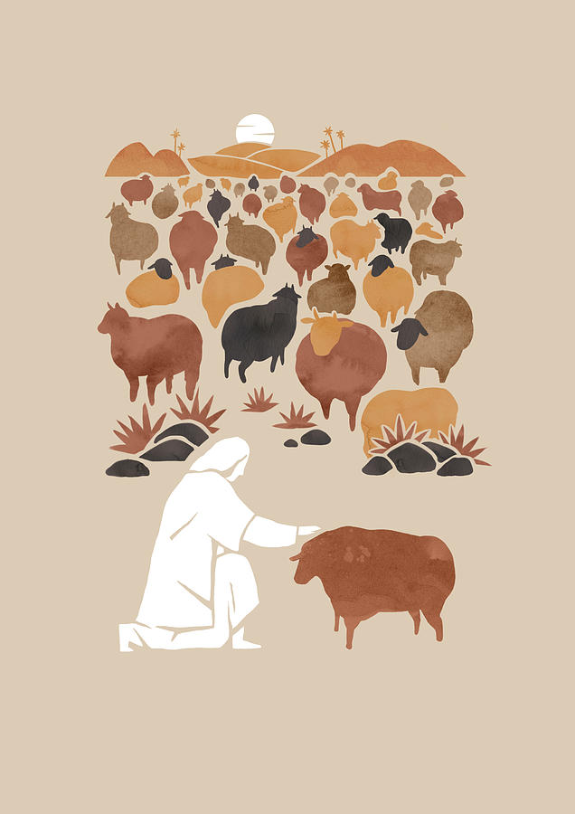 Jesus and Lamb Canvas Wall Art Jesus Running After Lost Lamb Drawing by Linyan Chen