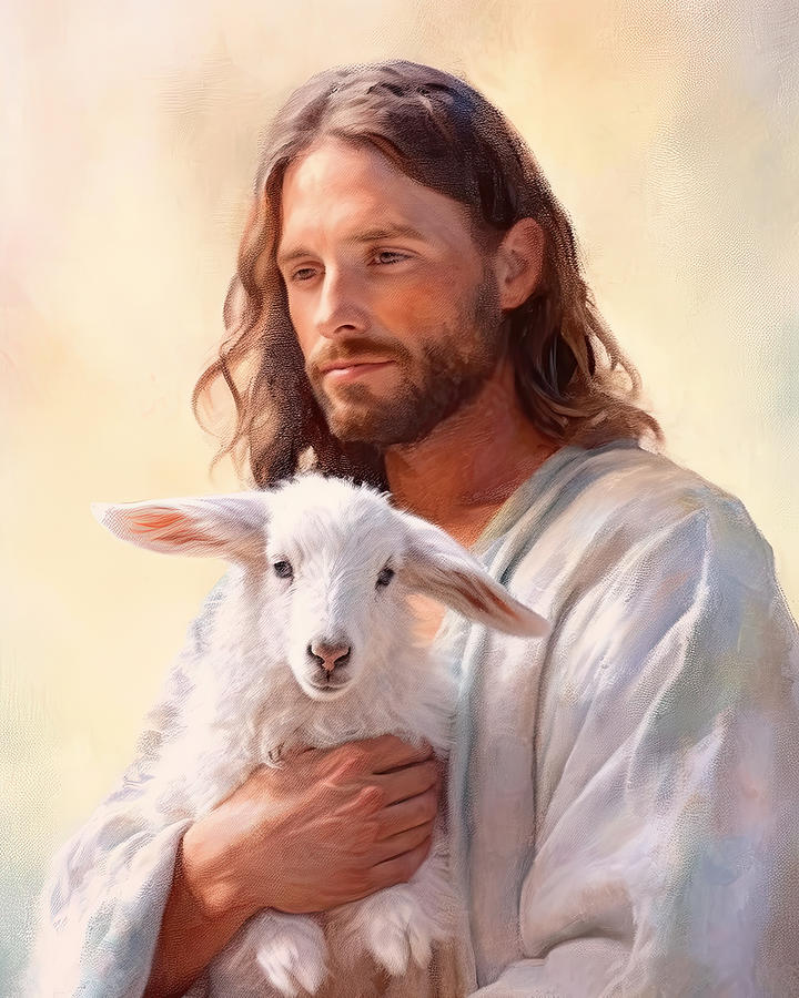 Jesus Christ Digital Art - Jesus and the Lamb Watercolor Illustration N3001 by Edit Voros