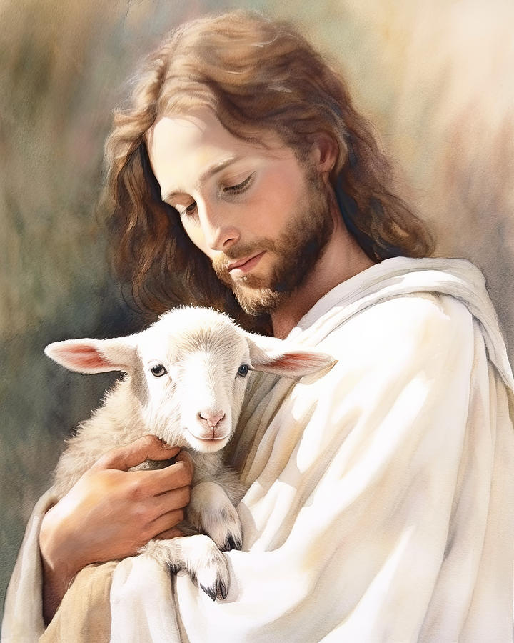 Jesus and the Lamb Watercolor Illustration N3012 Digital Art by Edit ...