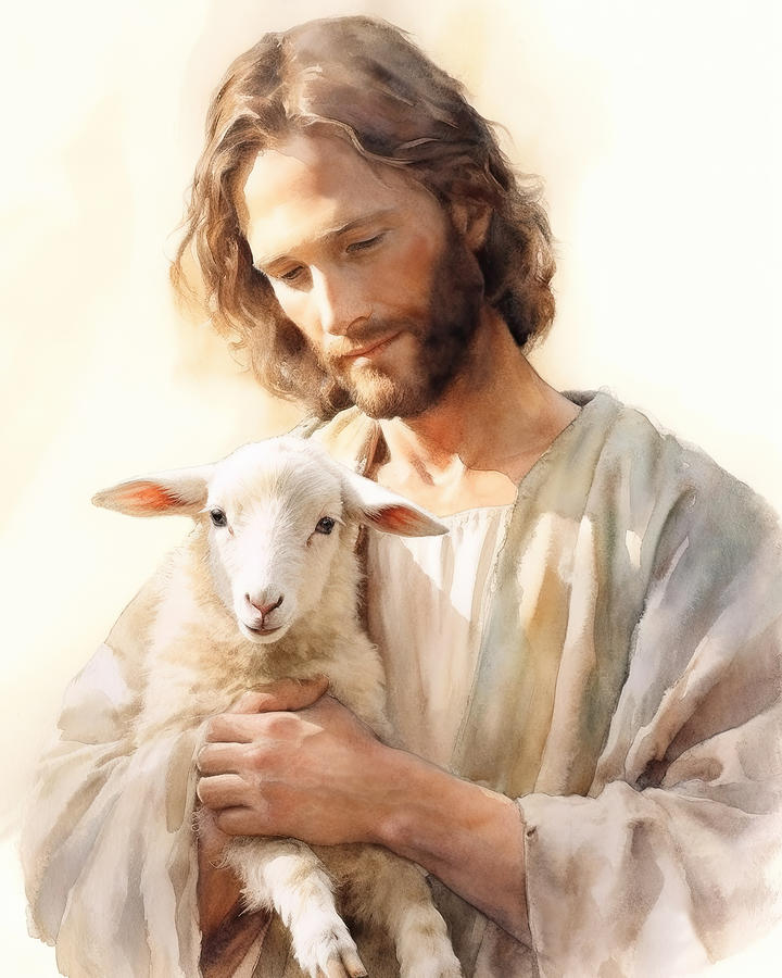 Jesus and the Lamb Watercolor Illustration N3014 Digital Art by Edit ...