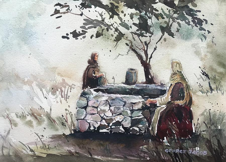 Jesus and the Samaritan woman Painting by George Jacob