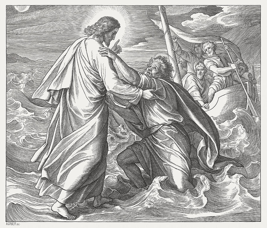 Jesus and the sinking Peter (Matthew 14), published in 1860 Drawing by Zu_09