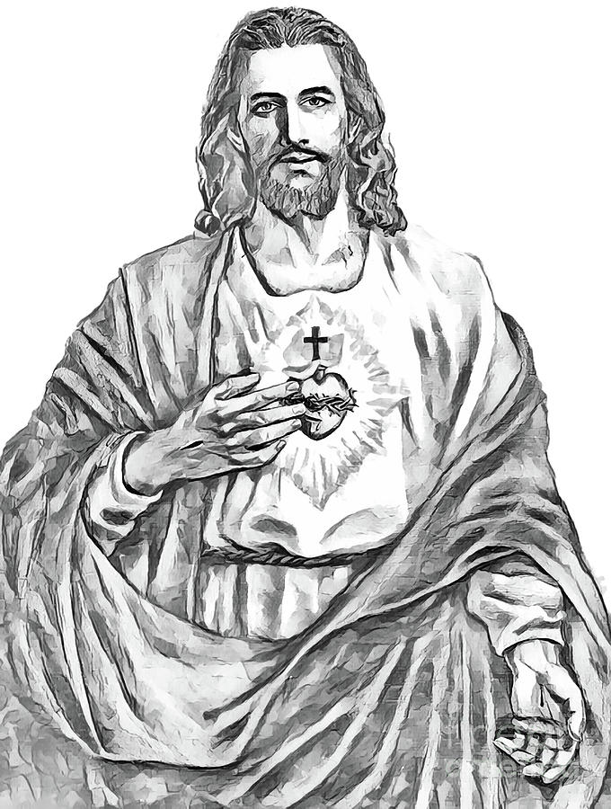 Jesus Christ Sacred Heart in Black and White Photograph by Munir Alawi ...