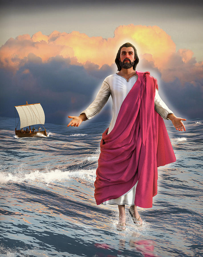 Jesus Christ walking on water with the disciples in a fishing bo